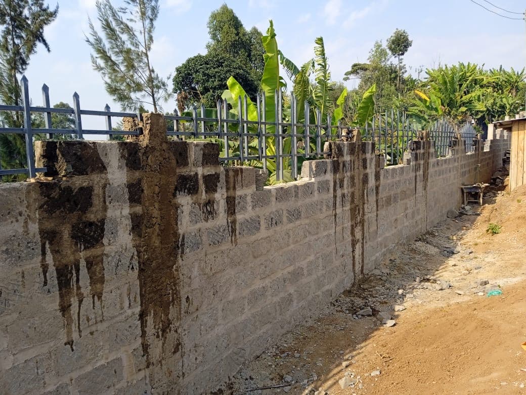 Block wall with wet plaster marks showing recent finishing work, metal railings on top, banana trees visible