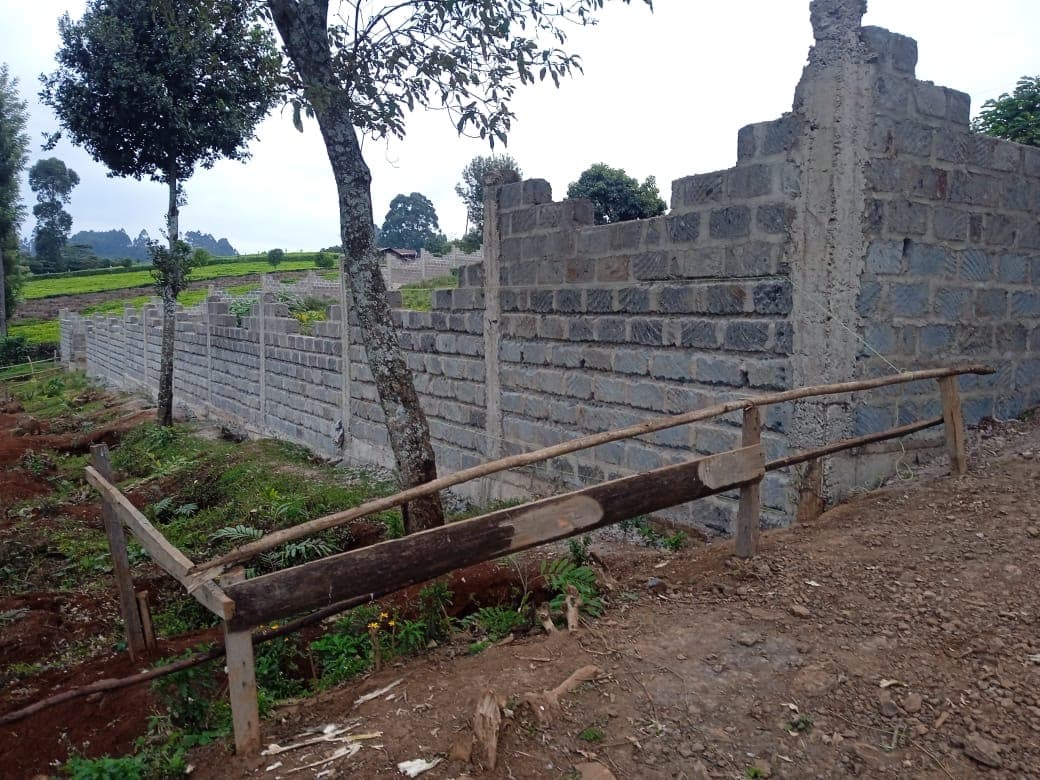 Perimeter wall construction with wooden safety barriers, tree in foreground and extending wall section