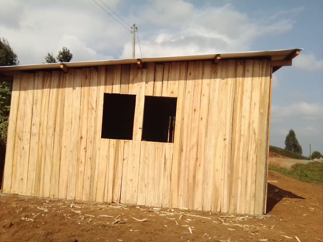 Building exterior with timber cladding and window openings