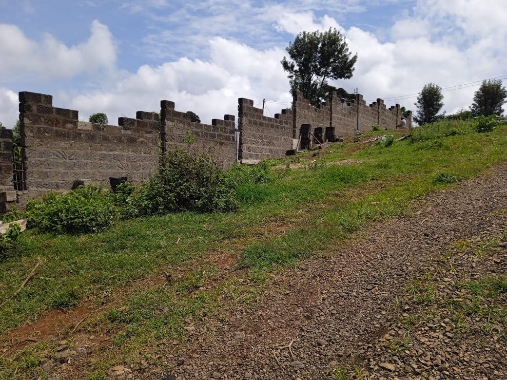 Long stone block perimeter wall with pillars extending across grassy field under overcast sky