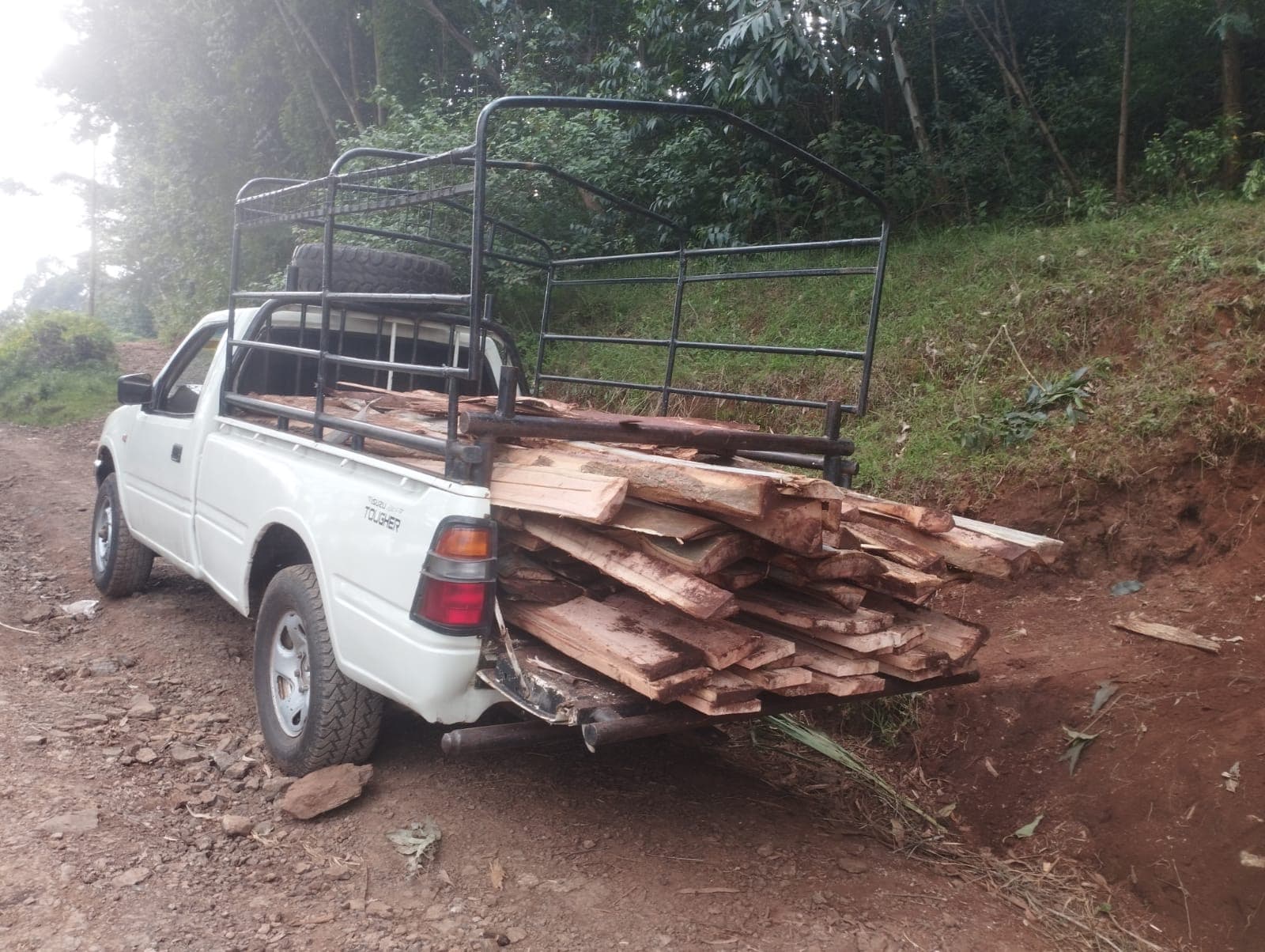 Pickup truck transporting timber to the construction site